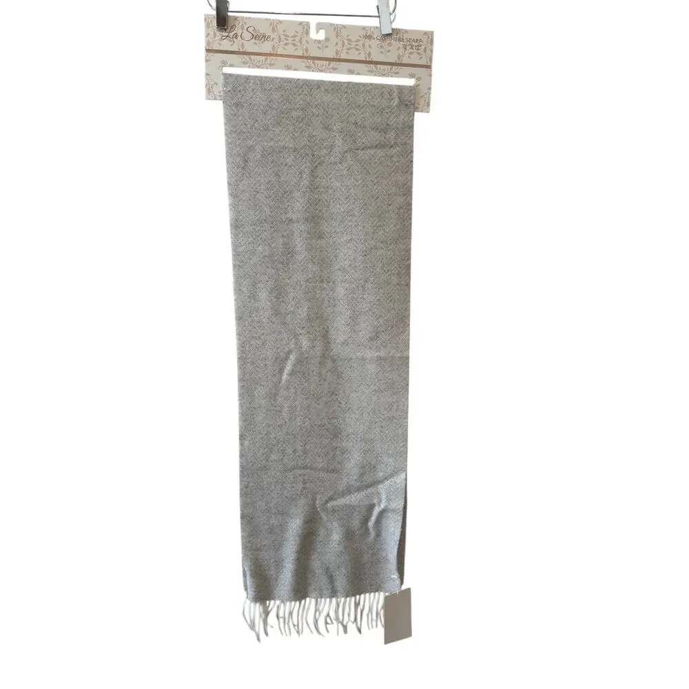 La Seine Fringed Cashmere Scarf Light Gray Herringbone Print